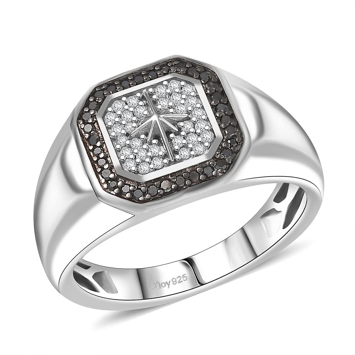 D’Joy White and Black Diamond 0.33 ctw Men's Ring in Rhodium Over Sterling Silver
