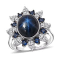 D'Joy Premium Blue Star Sapphire (DF) and Multi Gemstone 8.10 ctw Stellar Bloom Ring in Rhodium Over Sterling Silver (Size 10.0) - Sticky add to cart bar