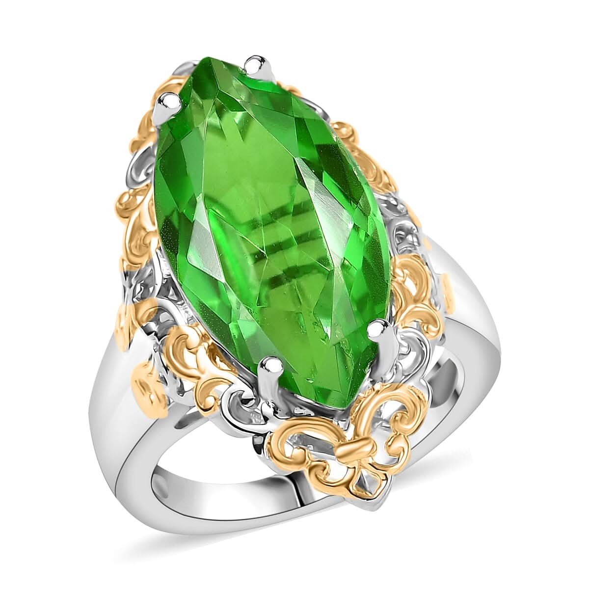 EverTrue Chartreuse Quartz (Triplet) 10.60 ctw Art Deco Ring in 18K YG Plated and Platinum Bond (Size 10.0)