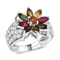 D'Joy Premium Multi-Tourmaline, White Zircon Ring in Rhodium Over Sterling Silver (Size 10.0) 3.50 ctw