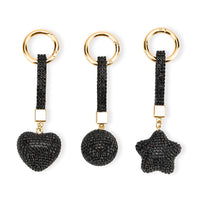 Livmore Black Glass and Crystal 3-piece Set Heart, Star and Ball Keychain in Goldtone