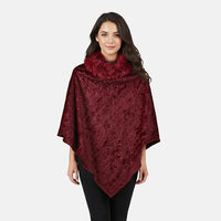 TAMSY Wine Jacquard Poncho with Fur Collar – One Size Fits Most