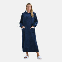 Tamsy Navy Long Fleece Hoodie Sweater Blanket with 2 Front Pockets (49.21"x28.3")