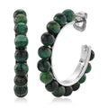Green Tigerâ€™s Eye (D) Beaded Hoop Earrings in Silvertone Stainless Steel 20.00 ctw - Sticky add to cart bar