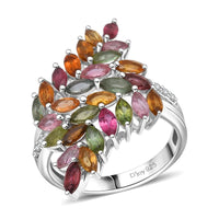 D'Joy Multi-Tourmaline and White Zircon 4.10 ctw Bypass Ring in Rhodium Over Sterling Silver