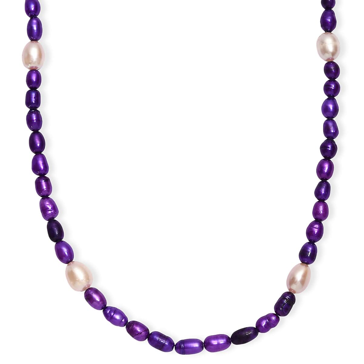 Freshwater Pearl and Purple Dyed Pearl Necklace in Stainless Steel 18 Inches