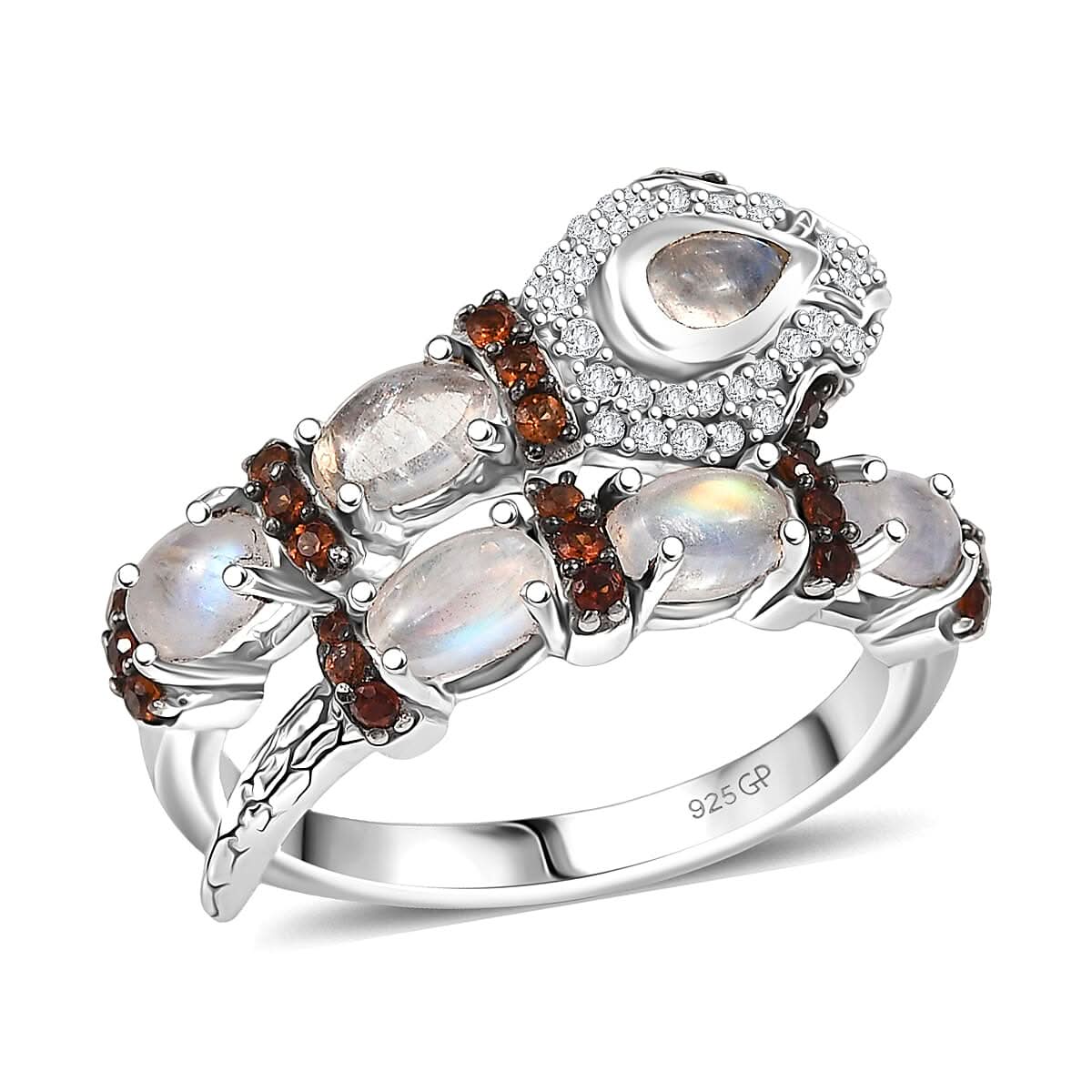 GP Rainbow Moonstone, Multi Gemstone Ring in Rhodium Over Sterling Silver (Size 10.0) 2.10 ctw