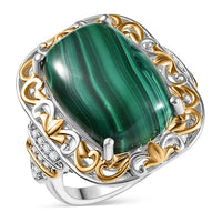 EverTrue African Malachite, White Zircon Ring in 18K YG Plated and Platinum Bond (Size 10.0) 17.00 ctw