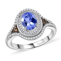 D'Joy Tanzanite, Natural Champagne and White Diamond 1.75 ctw Ring in Rhodium Over Sterling Silver (Size 10.0)