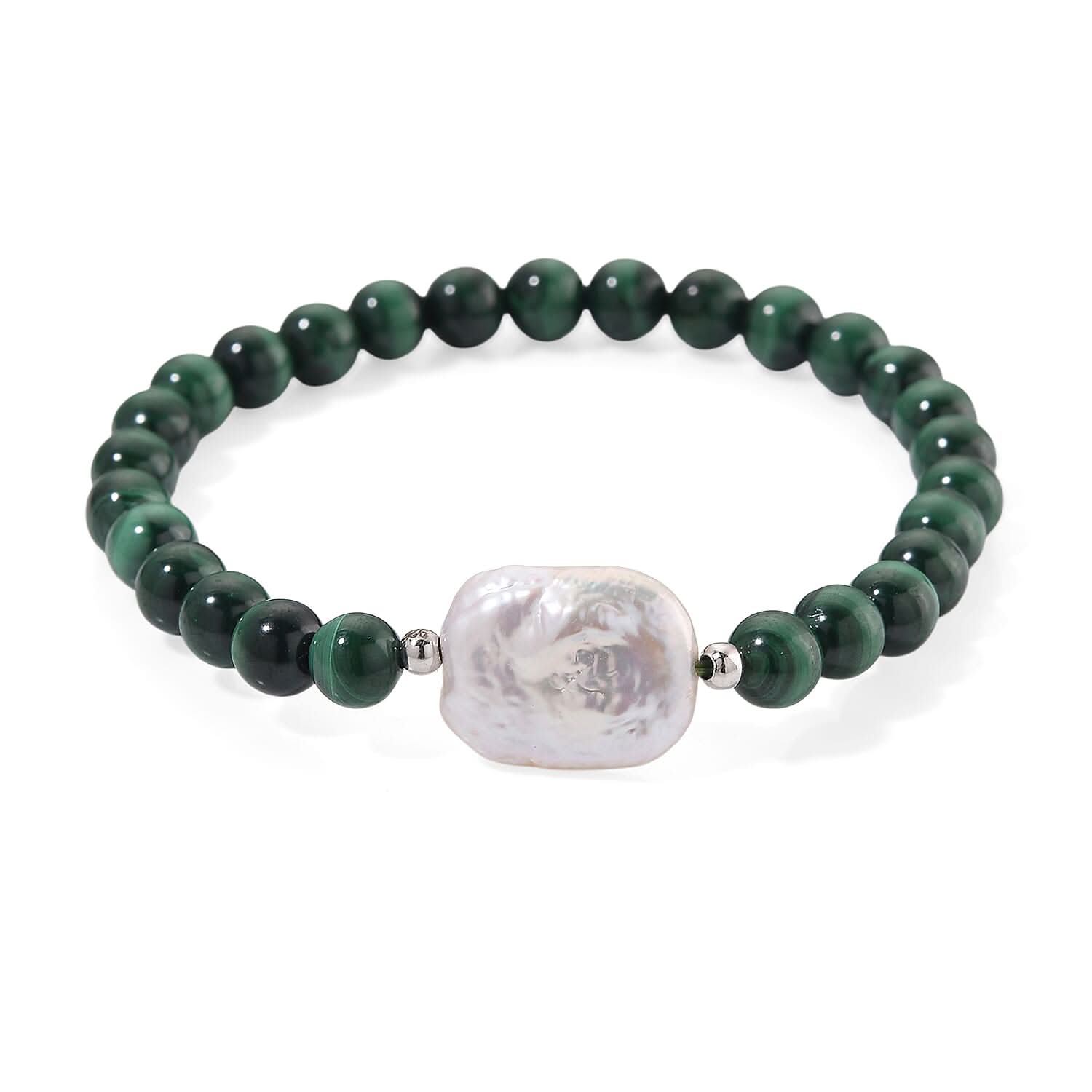 African Malachite 70.00 ctw and White Shell Pearl Beaded Stretch Bracelet