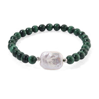 African Malachite 70.00 ctw and White Shell Pearl Beaded Stretch Bracelet