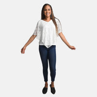 BRITANY BLACK White Stretch Lace 2 Layer Blouse with Sequin - L