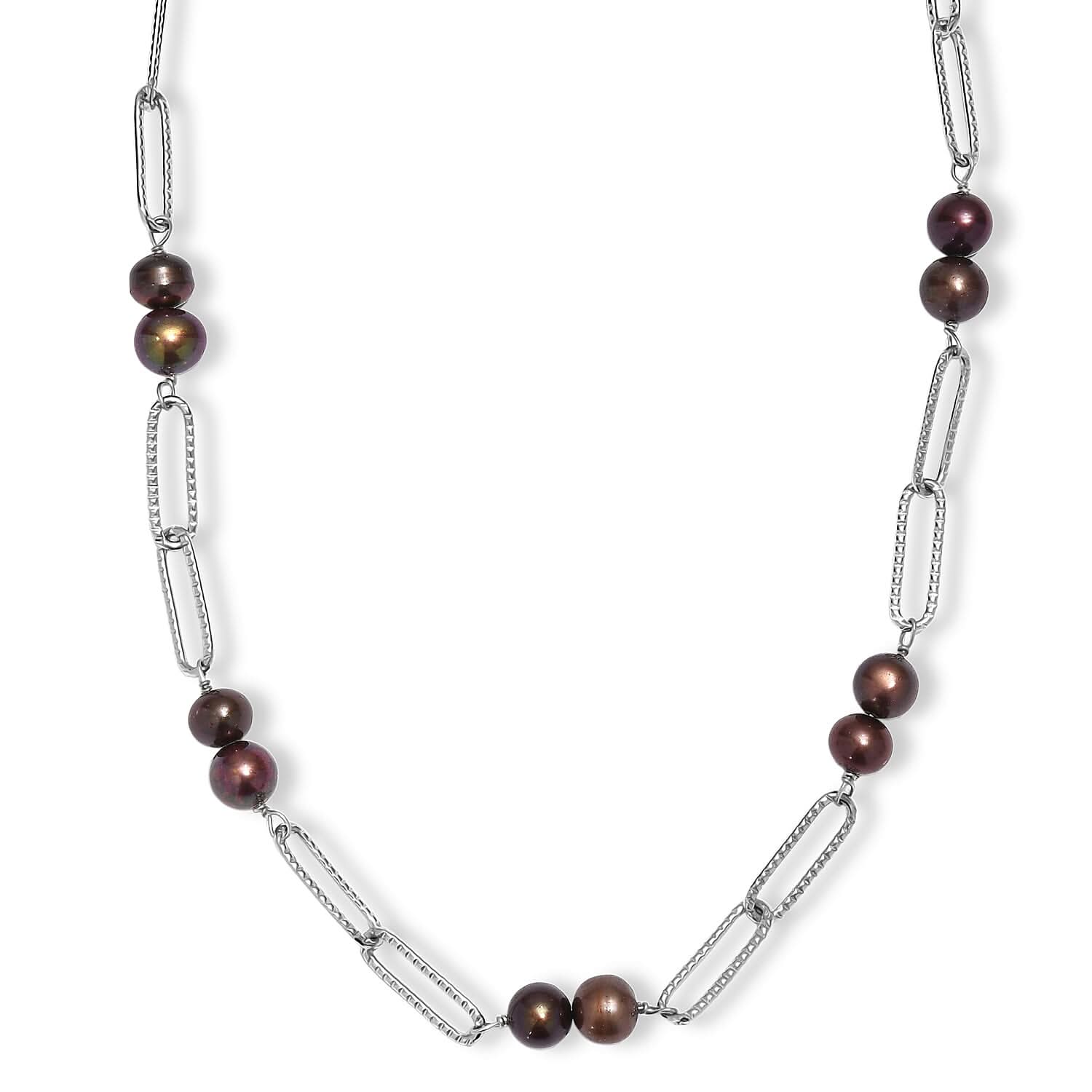 Bronze Dyed Pearl Paper Clip Chain Necklace in Stainless Steel 20 Inches