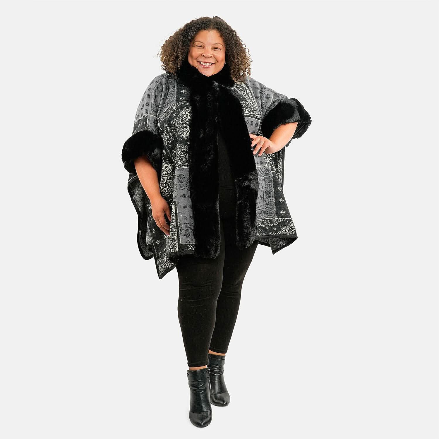 Instyle Black Patchwork Faux Fur Hood Ruana - One Size Fits Most