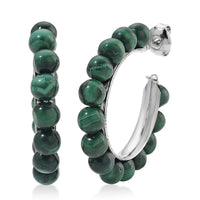 African Malachite 30.00 ctw Beaded Hoop Earrings in Silvertone