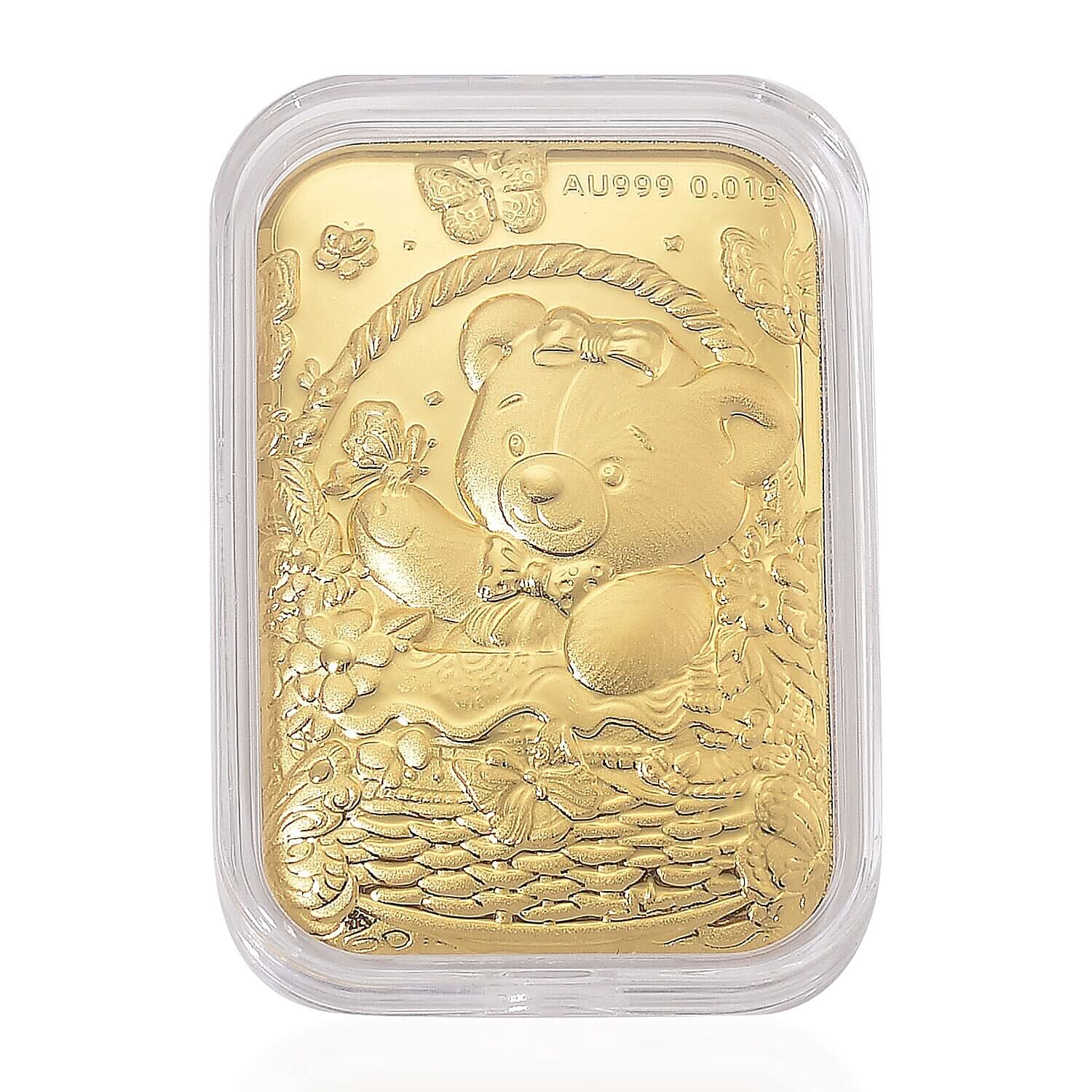 24K Yellow Gold Teddy Bear Sitting in Basket Embossed Sheet 10mg