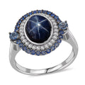 D'Joy Premium Blue Star Sapphire (DF) and Multi Gemstone 5.75 ctw Royal Starflare Ring in Rhodium Over Sterling Silver (Size 10.0) - Sticky add to cart bar