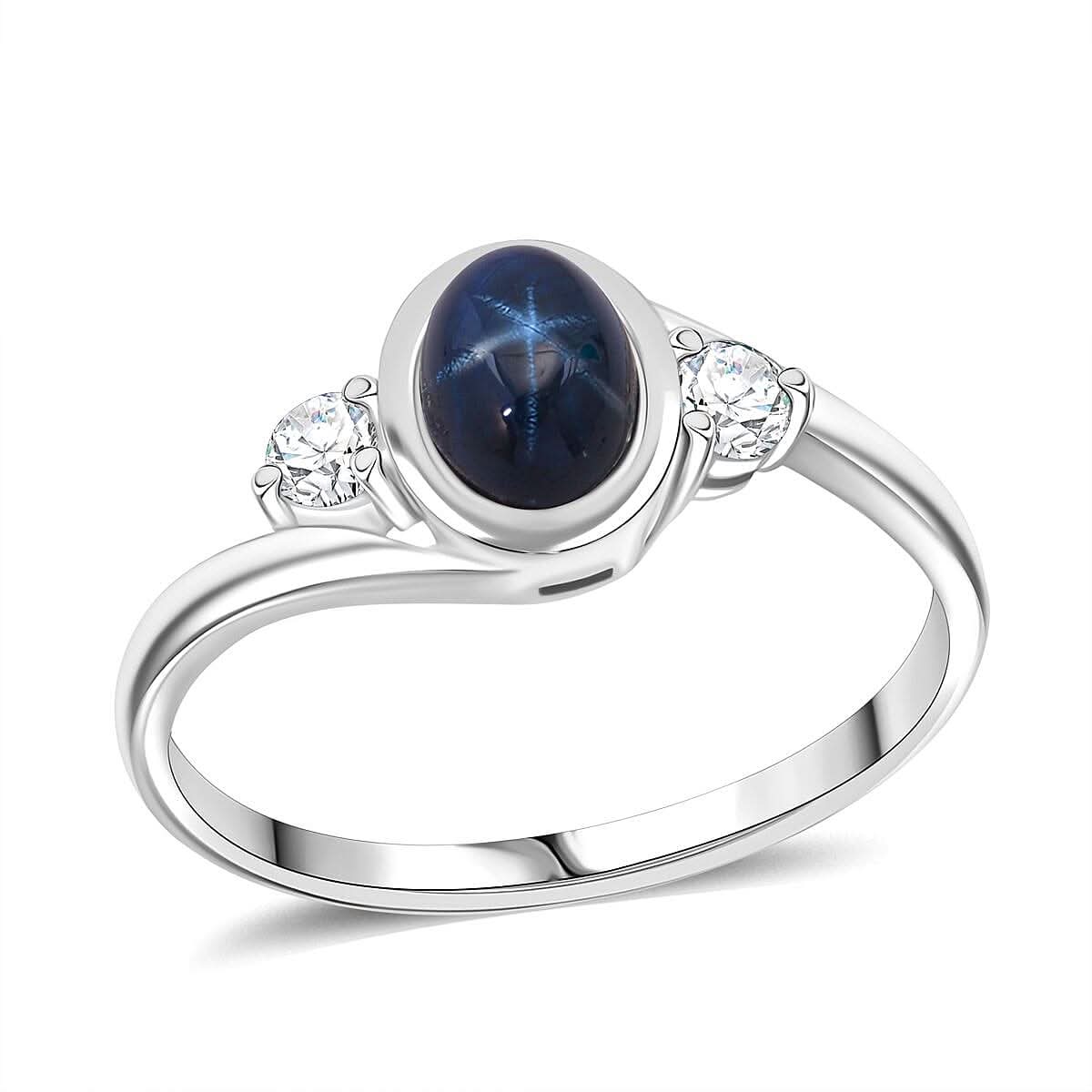 D'Joy Premium Blue Star Sapphire (DF) and Moissanite 1.75 ctw Ring in Rhodium Over Sterling Silver (Size 10.0)