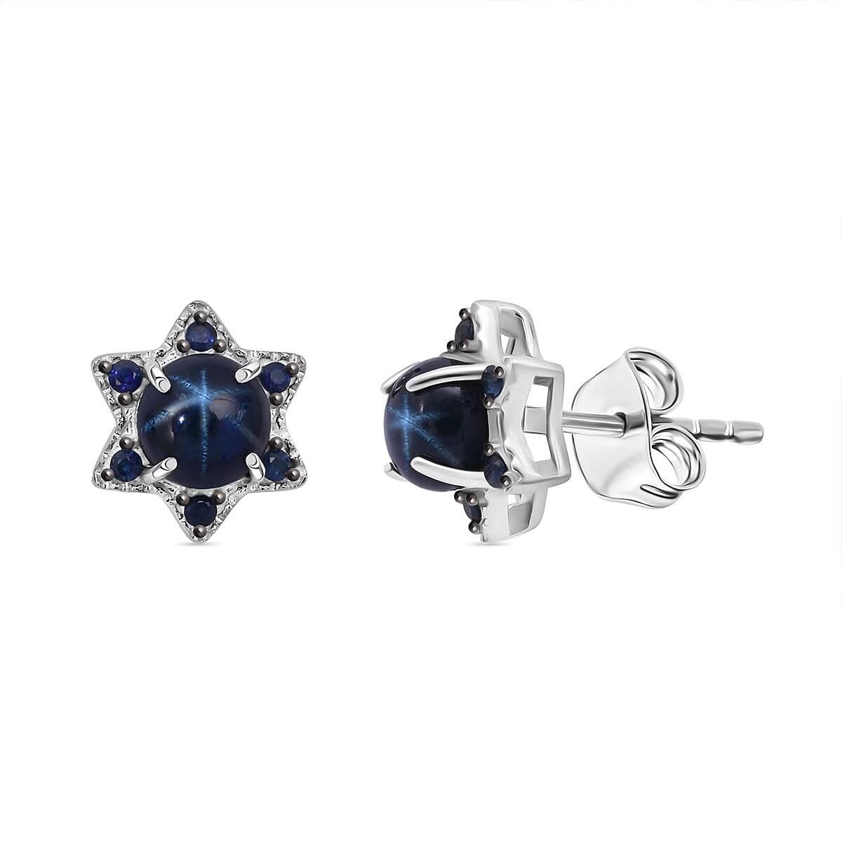 D'Joy Premium Blue Star Sapphire (DF) and Blue Sapphire 1.75 ctw Stud Earrings in Rhodium Over Sterling Silver