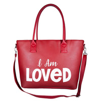 Passage Red I Am Loved Print Faux Leather Tote Bag (18.09"x11.02"x5.12") with Shoulder Strap