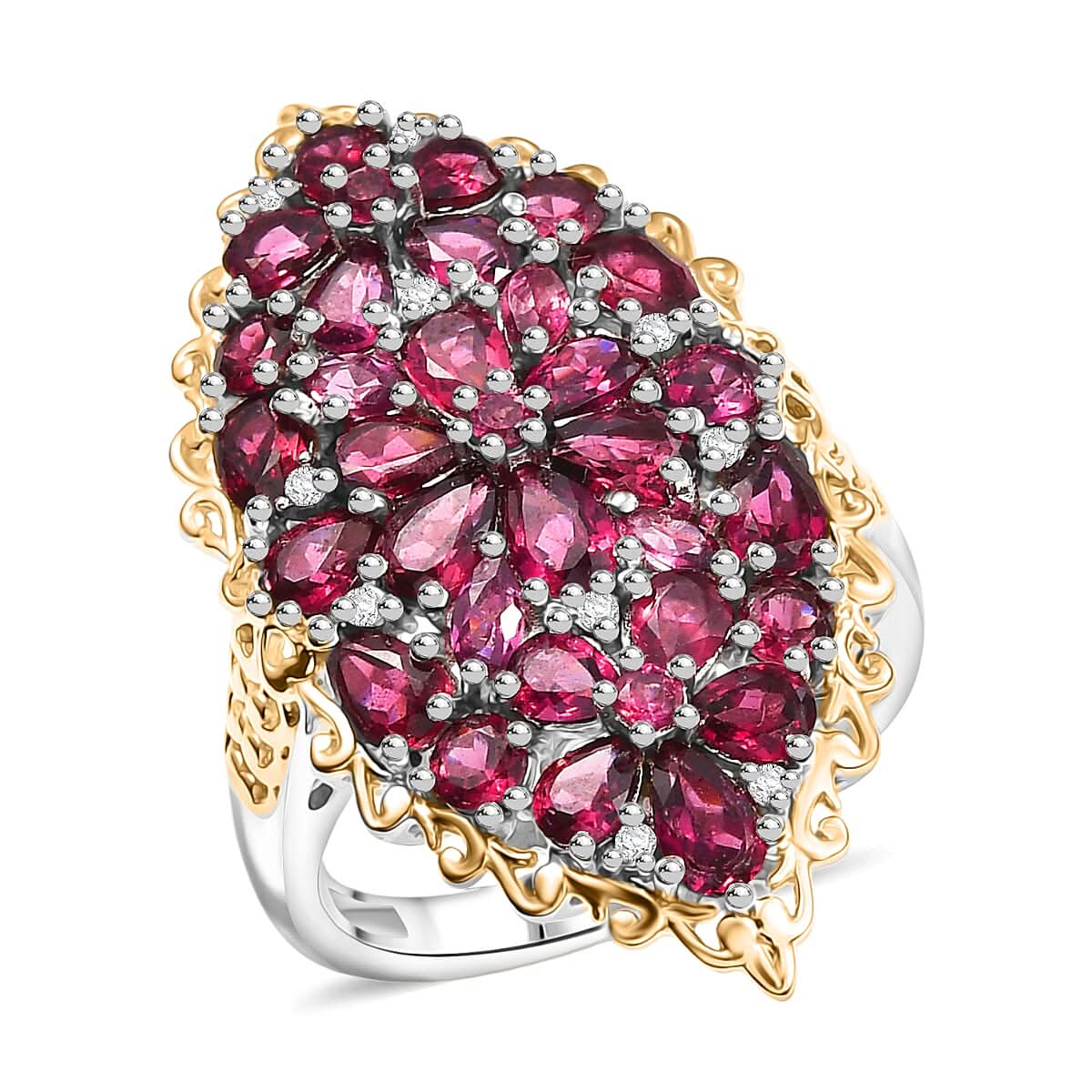 EverTrue Orissa Rhodolite Garnet, White Zircon Ring in 18K YG Plated and Platinum Bond (Size 10.0) 6.50 ctw