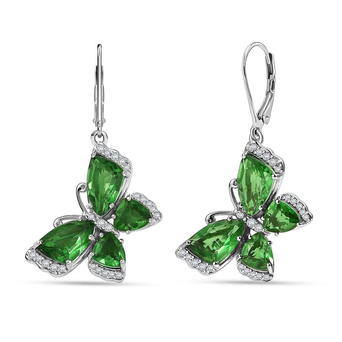 EverTrue Chartreuse Quartz (Triplet) and White Zircon 10.15 ctw Butterfly Earrings in Platinum Bond