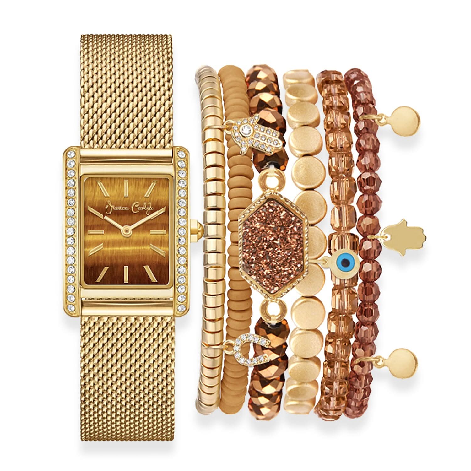 Jessica Carlyle Women's Shiny Gold Tone Mesh Strap 33mm Analog Watch & Coordinating, Stackable Bracelet Set