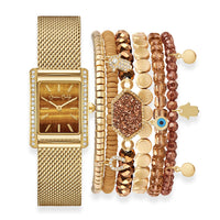 Jessica Carlyle Women's Shiny Gold Tone Mesh Strap 33mm Analog Watch & Coordinating, Stackable Bracelet Set