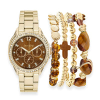 Jessica Carlyle Women's Shiny Gold Tone Metal Alloy Bracelet 34mm Analog Watch & Coordinating, Stackable Bracelet Set