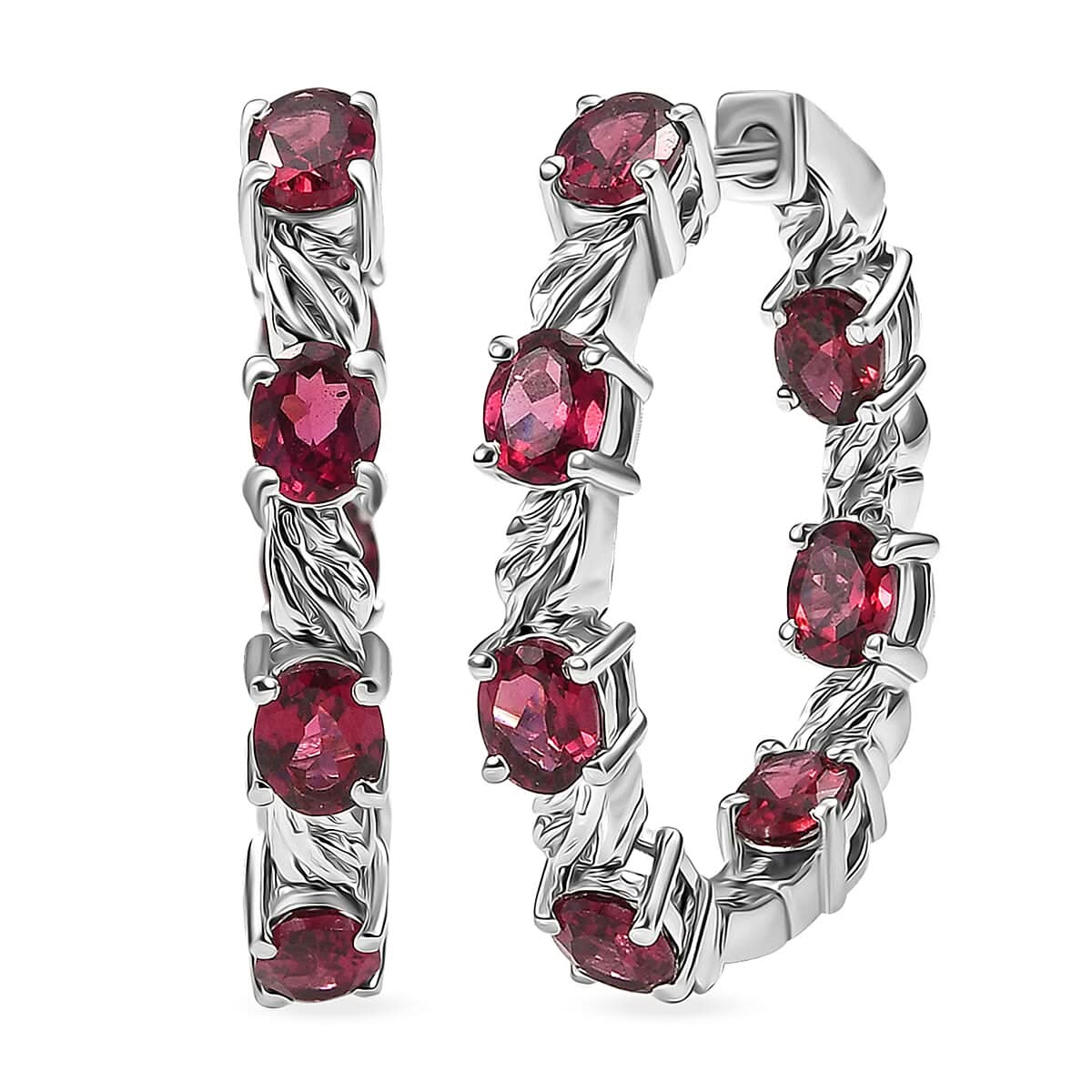 EverTrue Orissa Rhodolite Garnet 6.50 ctw Twilight Leaf Glow Hoop Earrings in Platinum Bond