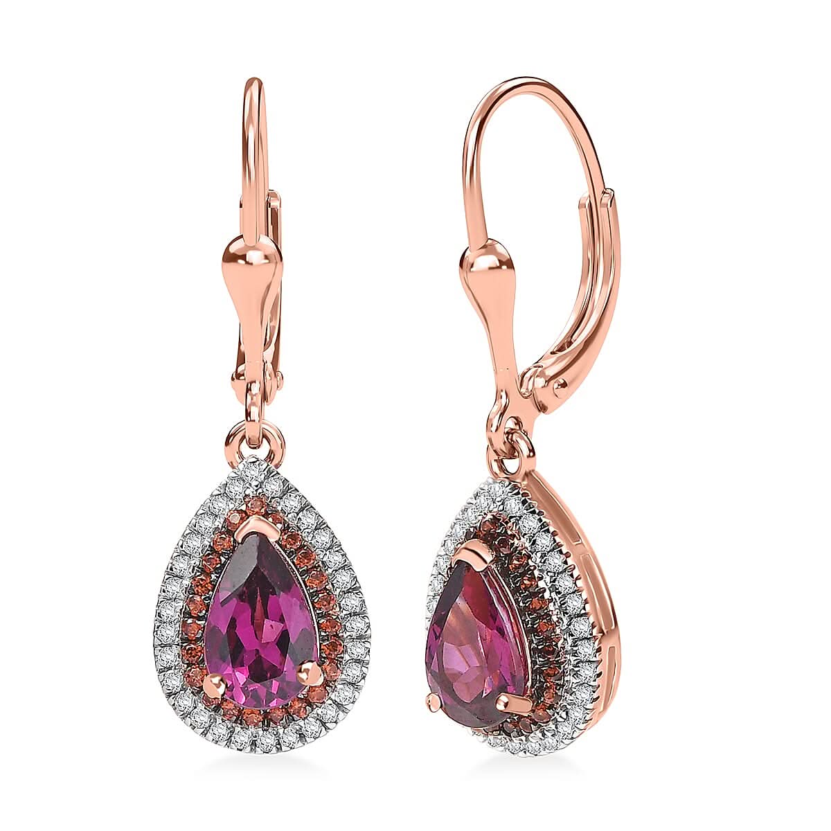D'Joy AAA Radiant Ember Garnet and Multi Gemstone 2.50 ctw Lever Back Earrings in 18K Vermeil Rose Gold Over Sterling Silver