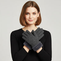 Tamsy Grey Cashmere Wool Gloves with 2 Fingers Screen Touch and Fur Cuff - L