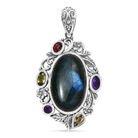 D'Joy Artisan Crafted Malagasy Labradorite and Multi Gemstone 13.40 ctw Pendant without Chain in Sterling Silver