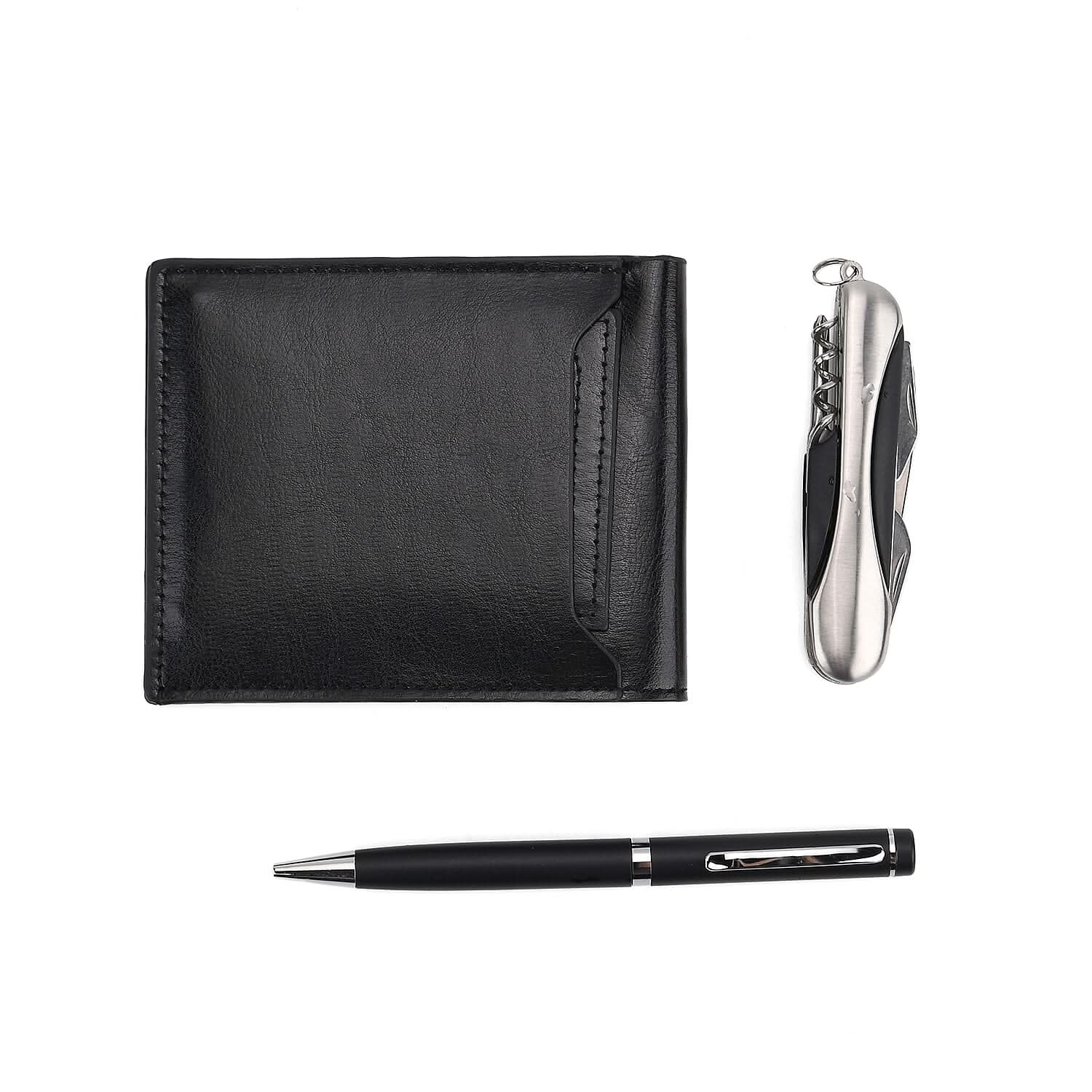 Livmore Black Faux Leather RFID-blocking Purse with RFID Card, Pen and Multipurpose Knife