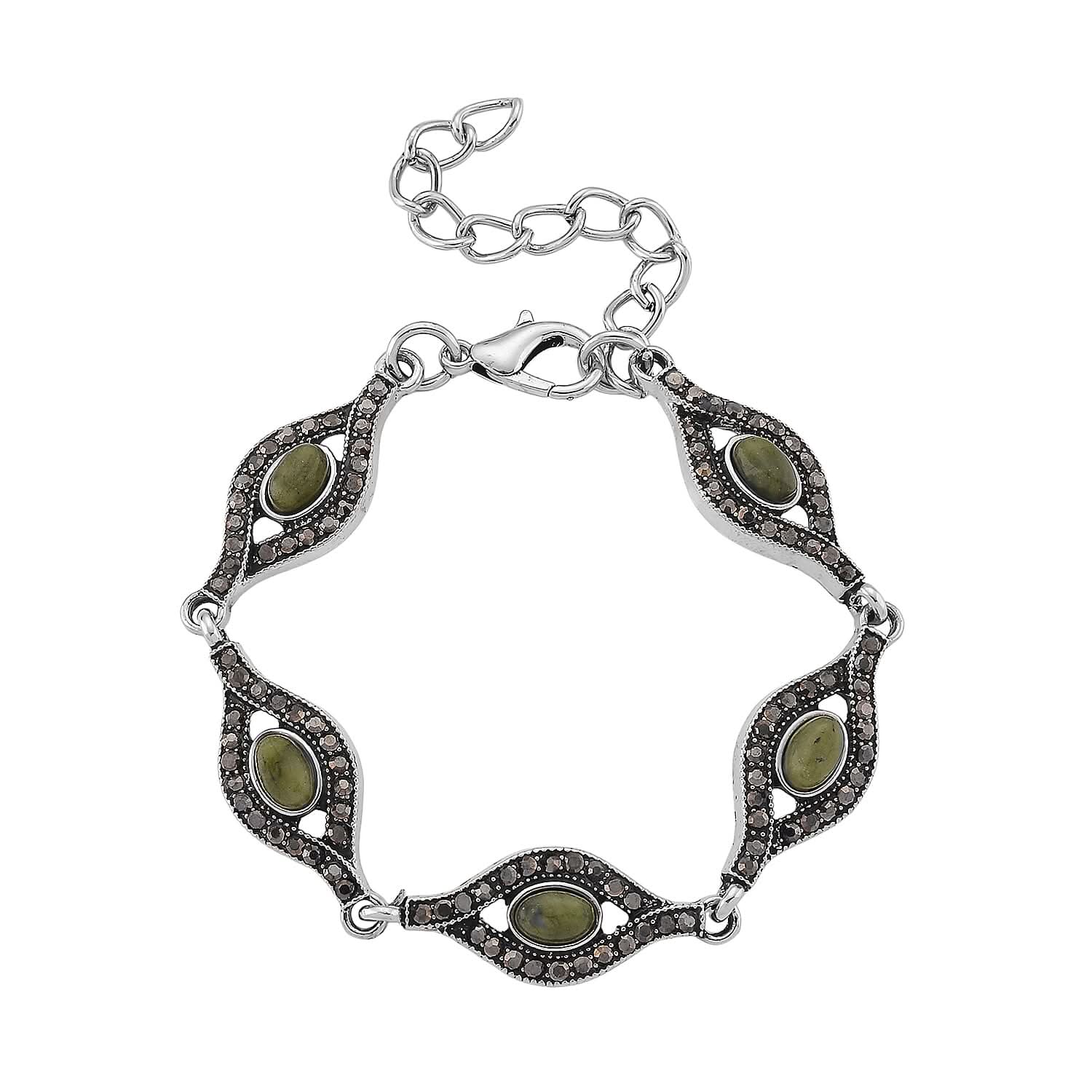 Connemara Marble and Austrian Crystal Beaded 22.00 ctw Irish Eye Bracelet in Silvertone (6.5-8.5In)