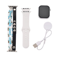 S9 Multi Functional Smart Watch with White Silicone and Blue Howlite with Crystal Faux Leather Strap