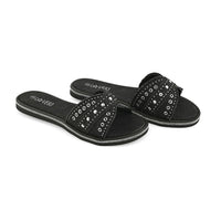 LOVE 83 Black Denim Stud and Rhinestone Slides - S