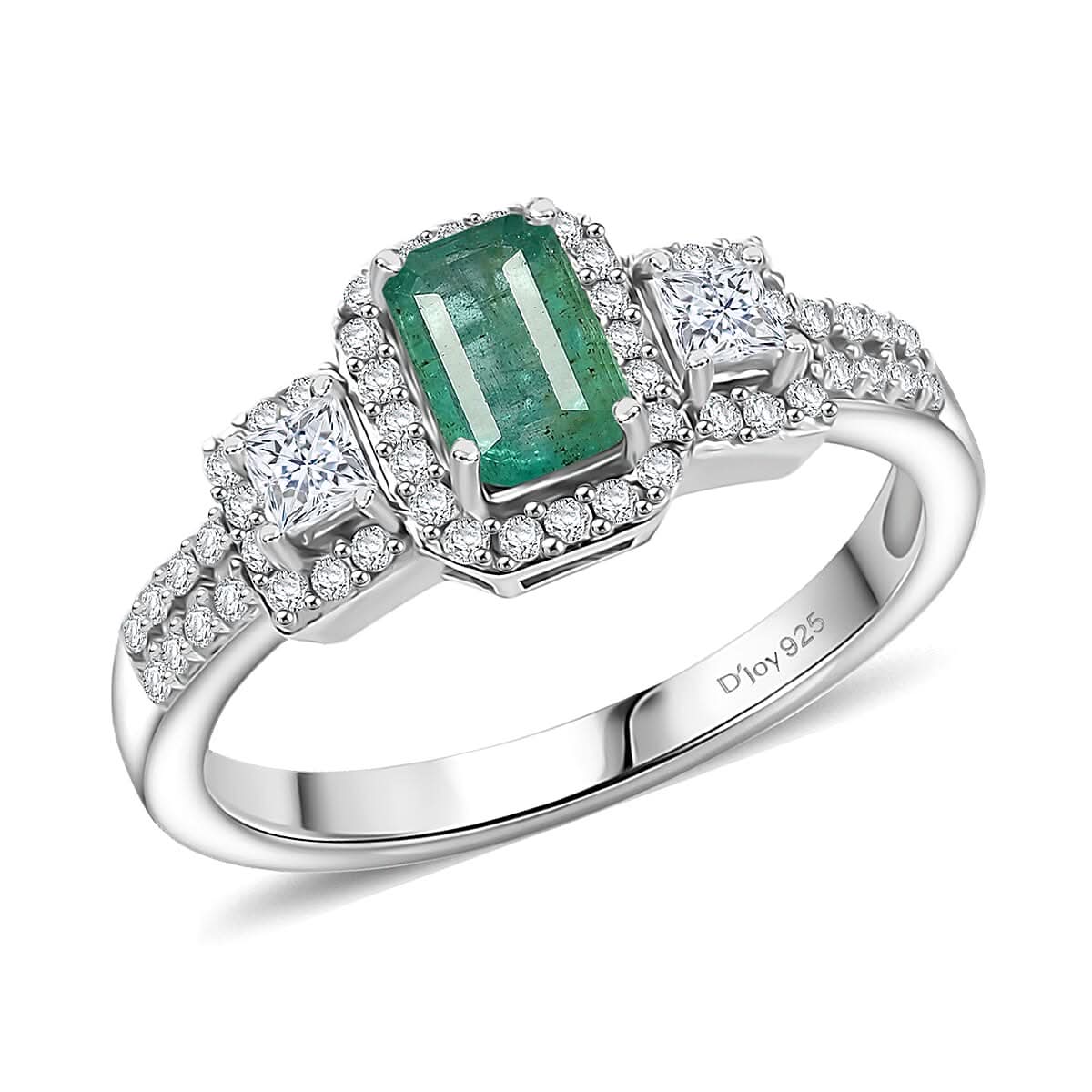 D'Joy Premium Kagem Zambian Emerald, Moissanite Ring in Rhodium Over Sterling Silver (Size 6.0) 1.10 ctw