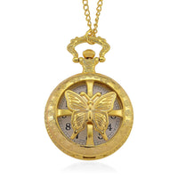 Strada Japanese Movement Rose Pattern Rotating Butterfly Pocket Watch with Chain (36 Inches) in Goldtone