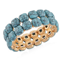 Blue Howlite 34.00 ctw Stretch 2 Row Bangle Bracelet in Goldtone (6.50-7.0In)