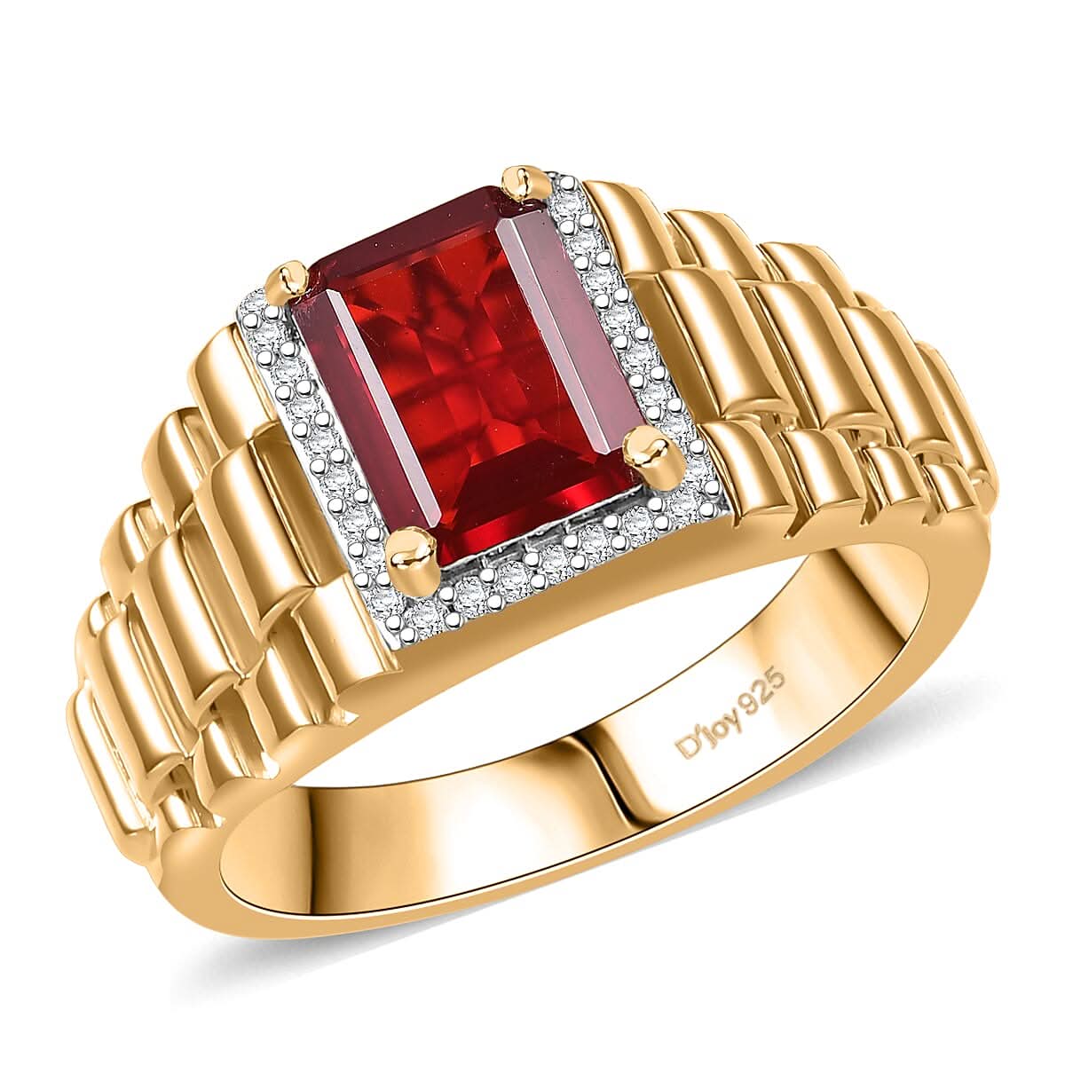 D'Joy Mexican Cherry Fire Opal, Moissanite Men's Ring in 18K Vermeil YG Over Sterling Silver (Size 10.0) 1.70 ctw