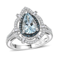 D'Joy Premium Mangoro Aquamarine, Blue Diamond (IR) and Diamond (0.45 cts) Ring in Rhodium Over Sterling Silver (Size 10.0) 2.00 ctw