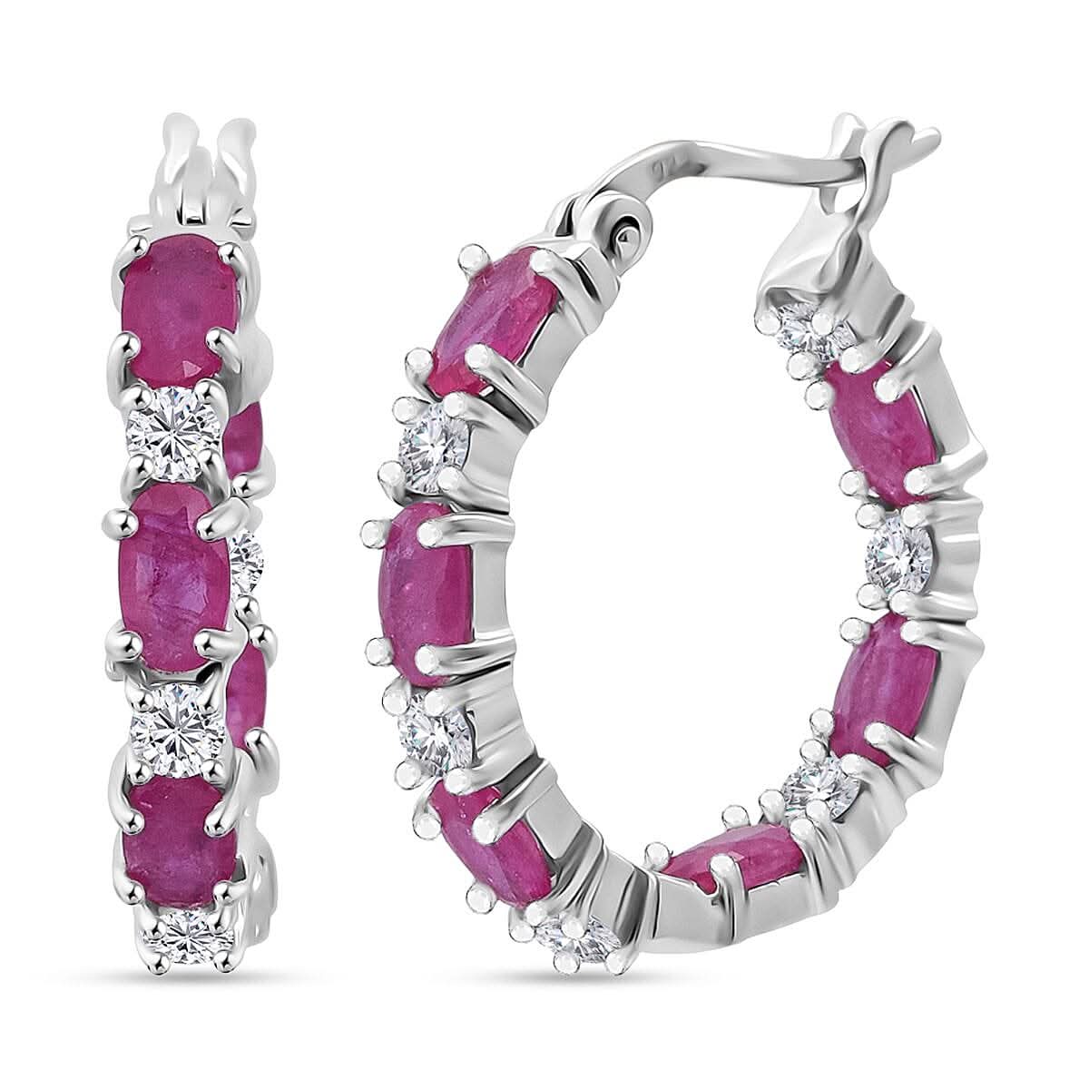 D'Joy Mozambique Ruby and Moissanite 3.90 ctw Hoop Earrings in Rhodium Over Sterling Silver