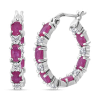 D'Joy Mozambique Ruby and Moissanite 3.90 ctw Hoop Earrings in Rhodium Over Sterling Silver