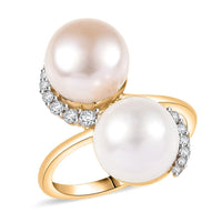 D'Joy Freshwater Peach/White Pearl, White Zircon Bypass Ring in 18K Vermeil YG Over Sterling Silver 0.50 ctw (Size 5.0)