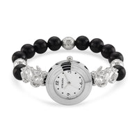 Strada Yellow Tigers Eye Japanese Movement Beaded Stretch Bracelet Watch with 2pcs Pixiu Charm (7-7.5In) in Silvertone 30.00 ctw