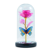 Pink Rose & Butterlfly in Glass Dome with LED Lights