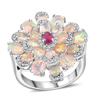 GP Premium Ethiopian Welo Opal, Multi Gemstone Ring in Rhodium Over Sterling Silver (Size 10.0) 3.85 ctw