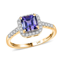 14K Yellow Gold Asscher Cut Premium Tanzanite, Luxuriant Lab Grown Diamond (G-H, SI) (0.24 cts) Geometric Elegance Ring (Size 10.0) 1.65 ctw