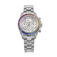 Genoa Simulated Multi Diamond Japanese movement Rainbow Multifunction Watch in Silvertone 2.00 ctw